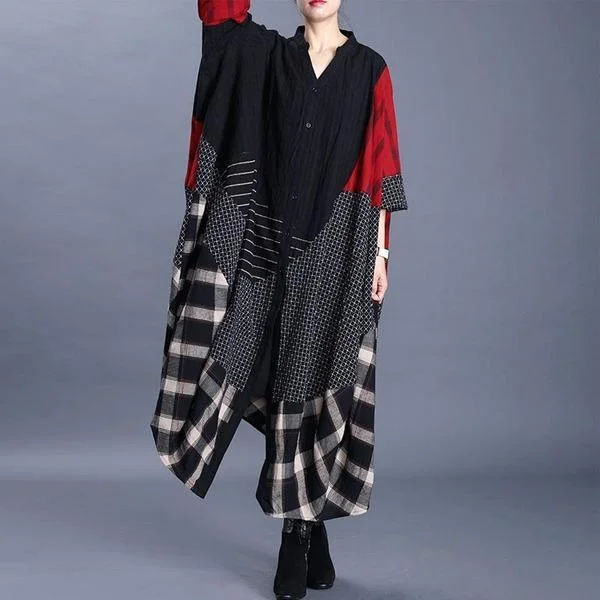 V-neck Patchwork Plaid Three Quarter Sleeve Coat 2020 New Loose Retro All-match Women Windbreaker