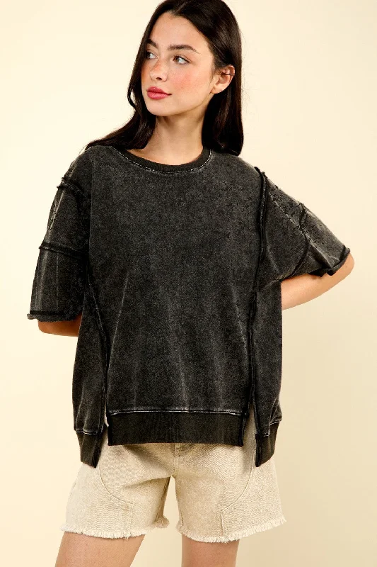 VERY J Round Neck Exposed Seam Slit T-ShirtSequined Shirts