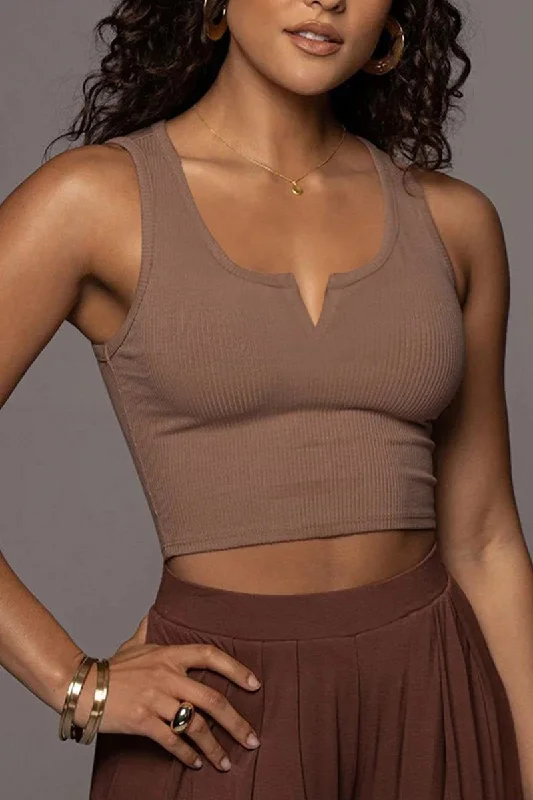 WOMEN SEXY SLIT U NECK TIGHT FITTED CROP TANK