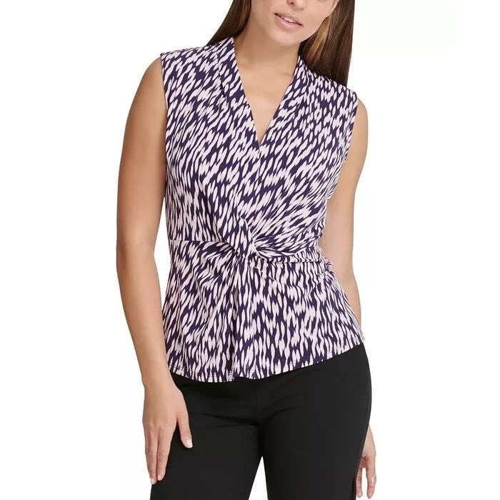 Dkny Women's V Neck Knotted Twist Top Blue Size Small