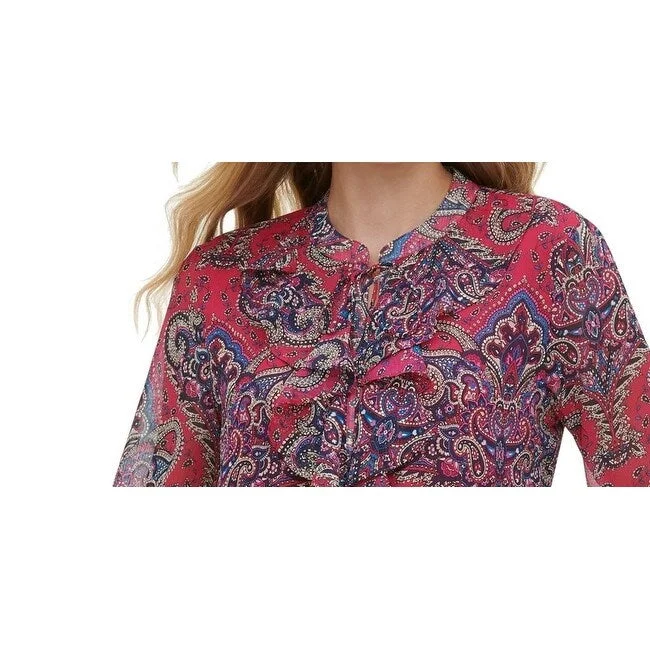 Tommy Hilfiger Women's Paisley Long Sleeve V Neck Blouse Top Red Size Small